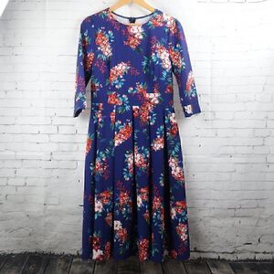 SIMPLY FLAVOR BLUE FLORAL 3/4 SLEEVE PLEATED ROUND NECK DRESS SIZE MEDIUM